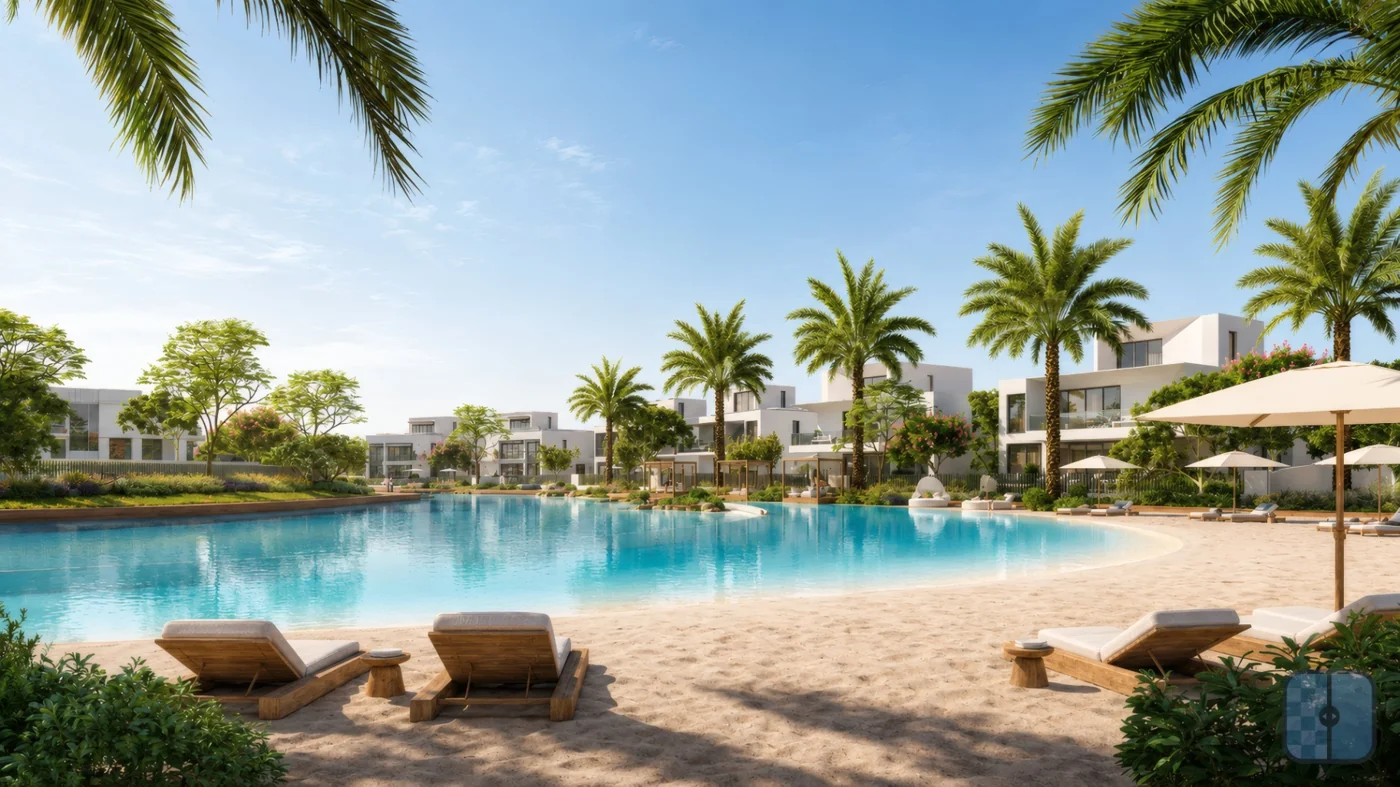 Architectural rendering of the beach and lagoon at The Oasis