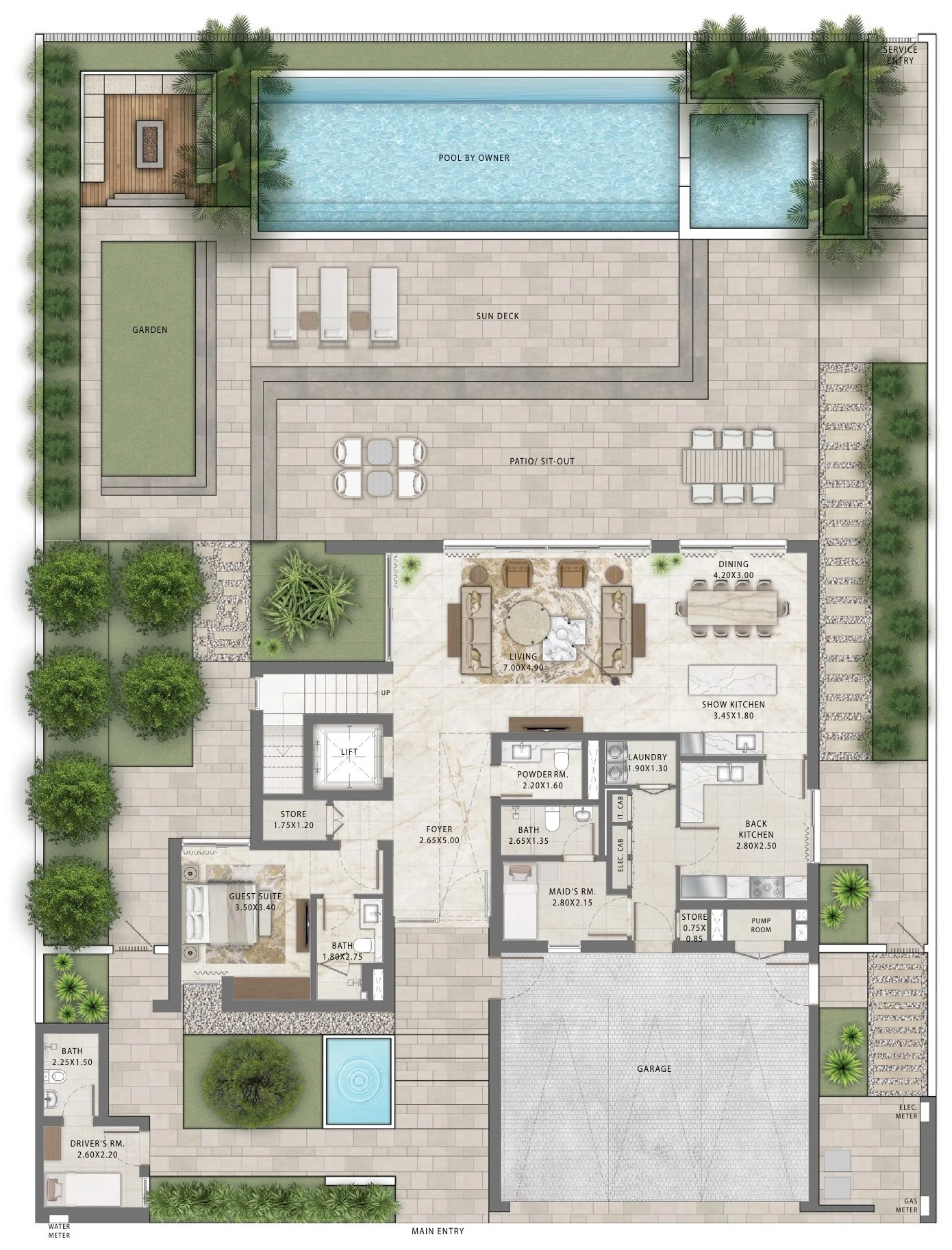 Palmiera villa plan showing a pool marked Pool by owner